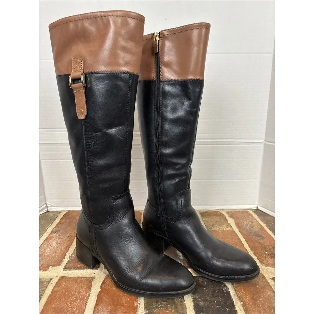 Franco Sarto Boots Women's Sz 6M Knee High Black & Brown Leather L-Lizabeth